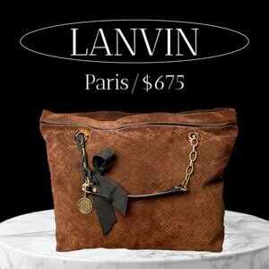 LANVIN "Amalia" Python Print Brown Suede Bucket Shoulder Bag made in Italy 13" H